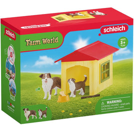 Schleich Farm World 42573 Friendly Dog House with Australian Shepherd dog and puppy